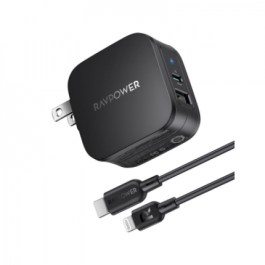 RAVPower RP-PC144 PD Pioneer 30W 2-Port Wall with USB-C to Lightning MFI for iPhone 12 – Black